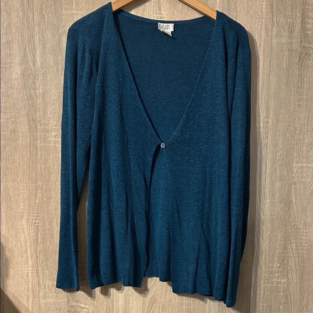 Eileen Fisher Blue Single Button Cardigan Size Medium Linen Blend